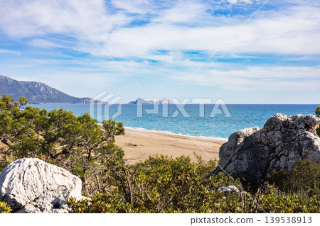 Scenic mediterranean sea view with rocky beach and pine trees Scenic mediterranean sea view with rocky beach and pine trees 139538913