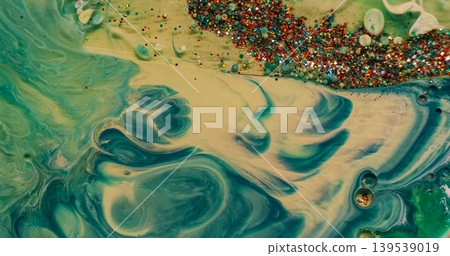 Color paint water. Sequins background. Defocused green bubble acrylic marble oil splash round texture flowing on creative art abstraction. Color paint water. Sequins background. Defocused green bubble acrylic marble oil splash round texture flowing on creative art abstraction. 139539019