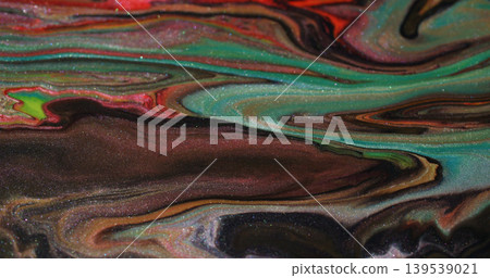 Shiny blend. Emulsion drip. Shimmering blur marble fluid mix color texture. Brown red green stream pigment ink abstract background. 139539021