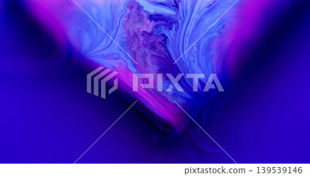 Ink spill. Geometric cube angle. Blur blue purple neon colorful texture vivid bubbles flowing vibrant stream on abstract art background. 139539146