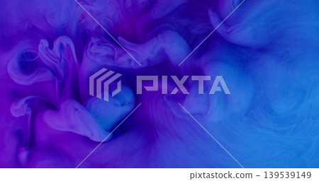 Blue ink wave. Acrylic pigment. Blur purple color glitter liquid fume cloud underwater texture spreading on abstract art background. Blue ink wave. Acrylic pigment. Blur purple color glitter liquid fume cloud underwater texture spreading on abstract art background. 139539149