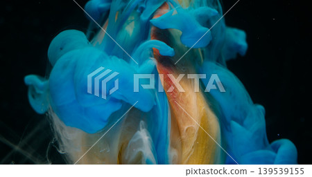 Steam flower. Paint petals. Defocused yellow blue red color plant tulip nature vapor water floating on abstract dark black background. 139539155
