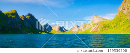 Lofoten islands, Norway. Nordic panoramic scene with mountains. Arctic nature. Lofoten islands, Norway. Nordic panoramic scene with mountains. Arctic nature. 139539206