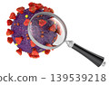 Magnifying glass with hantavirus particle, virus research concept. 3d rendering 139539218