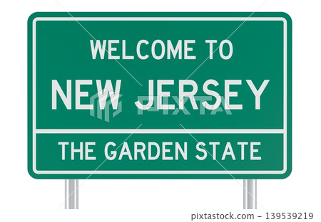 New Jersey welcome road sign with The Garden State slogan, 3d rendering New Jersey welcome road sign with The Garden State slogan, 3d rendering 139539219