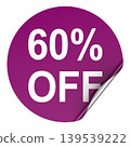Purple round 60 percent off discount sticker with peeled corner, 3d rendering 139539222
