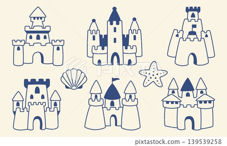 Sand castle set with sea shells and starfish minimal line vector illustration beach play concept summer vacation kids seaside fantasy castles Mediterranean blue style icons collection Sand castle set with sea shells and starfish minimal line vector illustration beach play concept summer vacation kids seaside fantasy castles Mediterranean blue style icons collection 139539258