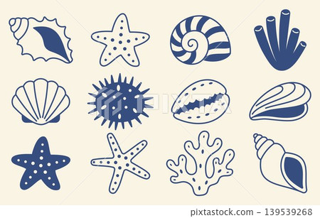 Sea shell collection Mediterranean blue style with starfish coral seashell ocean marine beach nature tropical coastal set hand drawn summer vacation nautical underwater wildlife Marine Doodle Icons 139539268