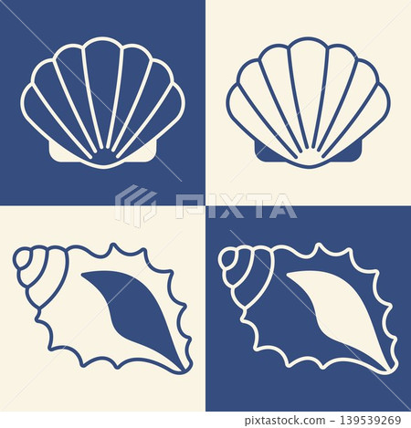 Sea shell icon set with scallop and conch seashell collection marine beach coastal ocean symbols nautical summer decorative illustration pack poster elements vintage seaside decor art 139539269