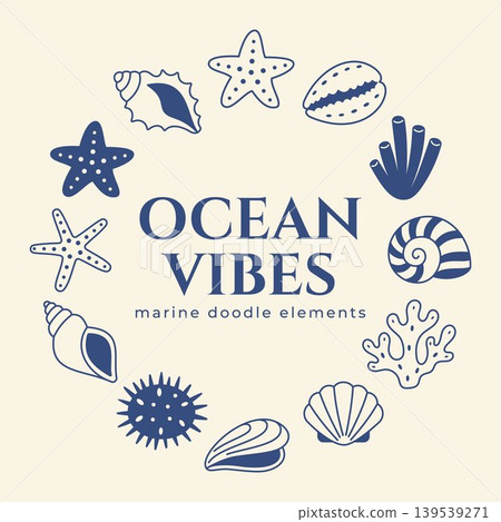 Ocean vibes typography poster with sea shell frame starfish coral seashell marine doodle elements Mediterranean blue style beach coastal summer vacation decorative illustration print art 139539271