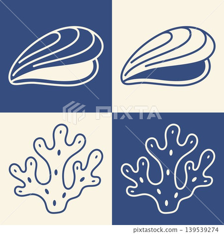 Sea shell icon set with mussel shell and coral reef marine beach coastal ocean symbols nautical summer decorative illustration collection poster seaside tropical elements pack Sea shell icon set with mussel shell and coral reef marine beach coastal ocean symbols nautical summer decorative illustration collection poster seaside tropical elements pack 139539274