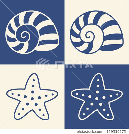 Nautilus shell and starfish icon set in blue beige coastal palette marine ocean collection beach themed sea life symbols decorative tropical summer seaside illustration pack 139539275
