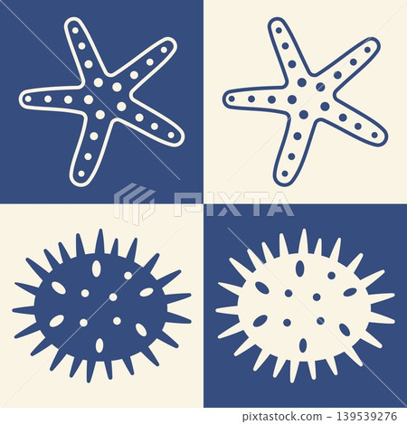 Starfish and sea urchin icon set in blue beige coastal palette marine life collection ocean symbols beach themed nautical elements tropical summer seaside decorative illustration pack 139539276