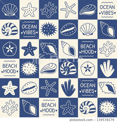 Ocean vibes beach mood marine icon background with shells starfish coral checkerboard tiles coastal sea symbols nautical summer wallpaper seaside decorative pattern design 139539279