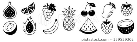 Tropical Summer Fruits Collection. fruit icons black outline and silhouette tropical and berry food symbols fig citrus grape pineapple cherry mango raspberry kiwi banana watermelon coconut strawberry 139539302