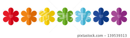 Colorful flower icons set with heart center rainbow palette floral symbols collection bright decorative shapes simple flat design romantic spring illustration for cards decor Colorful flower icons set with heart center rainbow palette floral symbols collection bright decorative shapes simple flat design romantic spring illustration for cards decor 139539313