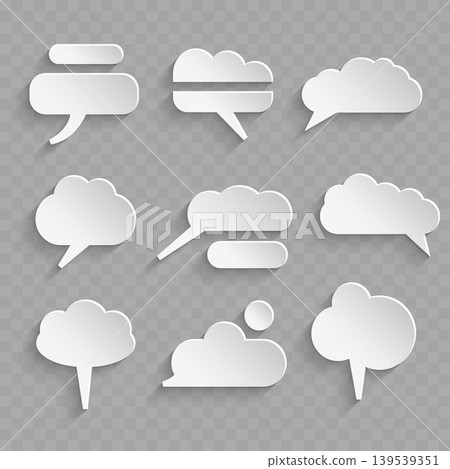 Realistic 3D Paper Cut Speech Bubble Set. Vector Blank White Chat Balloons and Thought Clouds with Shadow. Realistic 3D Paper Cut Speech Bubble Set. Vector Blank White Chat Balloons and Thought Clouds with Shadow. 139539351