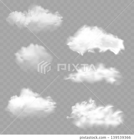Realistic Fluffy Clouds Set. Vector White 3D Cloud Elements Isolated on Transparent Background. 139539366