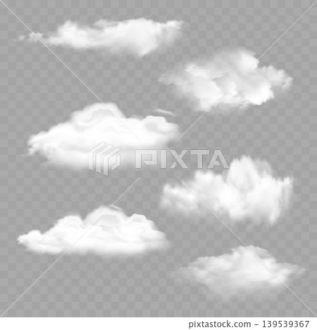 Realistic Fluffy Clouds Set. Vector White 3D Cloud Elements Isolated on Transparent Background. Realistic Fluffy Clouds Set. Vector White 3D Cloud Elements Isolated on Transparent Background. 139539367