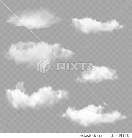 Realistic Fluffy Clouds Set. Vector White 3D Cloud Elements Isolated on Transparent Background. Realistic Fluffy Clouds Set. Vector White 3D Cloud Elements Isolated on Transparent Background. 139539368