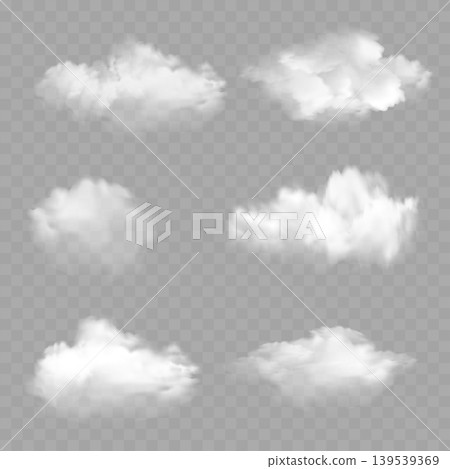 Realistic Fluffy Clouds Set. Vector White 3D Cloud Elements Isolated on Transparent Background. Realistic Fluffy Clouds Set. Vector White 3D Cloud Elements Isolated on Transparent Background. 139539369