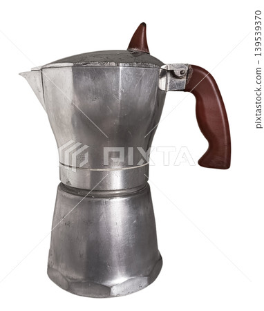 A classic Italian aluminium moka pot isolated on a white background. 139539370