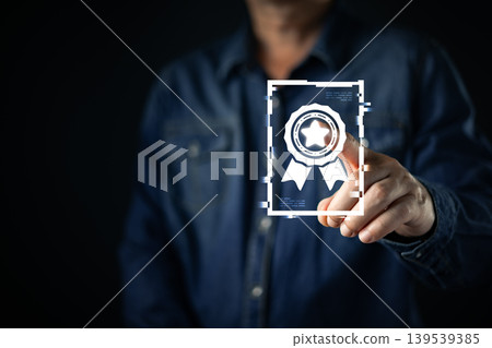 Quality assurance and compliance concept,man touch digital certified medal icon.Business standard,ISO certification,quality management system,product excellence,data analysis,corporate professionalism Quality assurance and compliance concept,man touch digital certified medal icon.Business standard,ISO certification,quality management system,product excellence,data analysis,corporate professionalism 139539385
