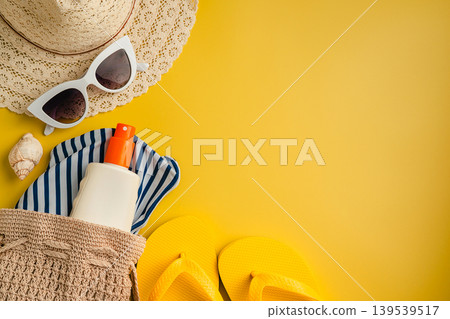 Summer holiday flat lay yellow background. Beach travel accessories for vacation. Sunglasses, sun hat, sunscreen. Copy space Summer holiday flat lay yellow background. Beach travel accessories for vacation. Sunglasses, sun hat, sunscreen. Copy space 139539517