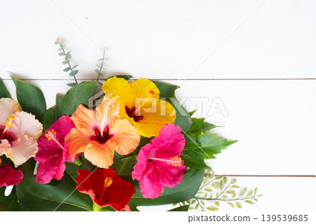 Tropical flowers and leaves, summer vacational background Tropical flowers and leaves, summer vacational background 139539685