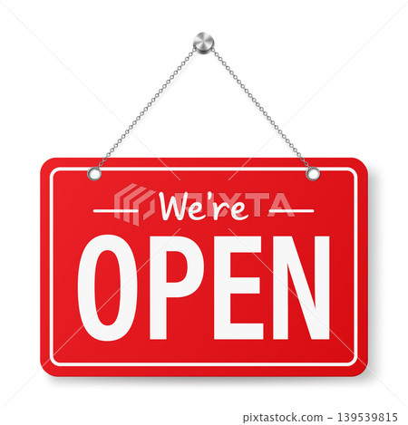 We re Open Hanging Sign Vector Illustration. Red Store Open Door 3d Sign Hanging on Chain Isolated. Business Welcome Signboard for Shop Cafe Restaurant and Retail Design We re Open Hanging Sign Vector Illustration. Red Store Open Door 3d Sign Hanging on Chain Isolated. Business Welcome Signboard for Shop Cafe Restaurant and Retail Design 139539815
