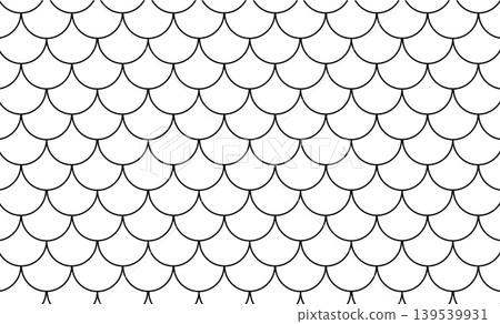 Mermaid, dragon, snake scales background. Fish scale seamless pattern. Water wave, roof tiles wallpaper. Fish, snake skin endless minimalist texture. Mermaid tail black line pattern. Japanese ornament 139539931