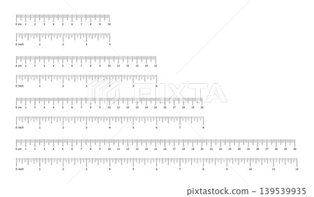 Set of measuring chart with 10cm, 15cm, 20 cm, 30 centimeters. Measuring chart with 4 inch, 6 inch, 8 inch, 12 inch. Collection of ruler scale 100mm, 150 mm, 200 mm, 300mm with numbers. 139539935