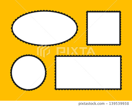 Elements for tag, sticker of label set isolated on yellow. Scalloped frames collection. Rectangle and ellipse, circle and square shapes with scalloped edges. Label forms. Silhouette lace frame Elements for tag, sticker of label set isolated on yellow. Scalloped frames collection. Rectangle and ellipse, circle and square shapes with scalloped edges. Label forms. Silhouette lace frame 139539938