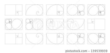 Ratio used in design collection. Template of golden ratio harmony proportions. Horizontal Fibonacci numbers array set of 15 horizontal elements. Ratio used in design collection. Template of golden ratio harmony proportions. Horizontal Fibonacci numbers array set of 15 horizontal elements. 139539939