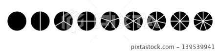 Coaching blank mockup. Pizza, pie chart layout. Circle division on 1 2 3 4 5 6 7 8 9 black equal parts. Infographic minimalist icons. Wheel round divided diagrams from one to nine segments. 139539941