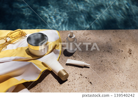 Skincare products including cream, serum, and sunscreen placed on a sunlit stone surface beside a swimming pool with clear blue water 139540242