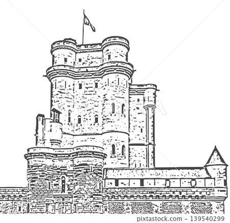 Black and White Medieval Stone Castle Tower with Flag Battlements Turrets and Arched Windows Detailed Sketch Vector Illustration Black and White Medieval Stone Castle Tower with Flag Battlements Turrets and Arched Windows Detailed Sketch Vector Illustration 139540299