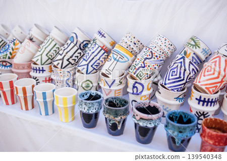 Colorful ceramic pots arranged in a vibrant display, showcasing intricate designs and patterns, highlighting craftsmanship and artistic expression in pottery 139540348