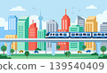 Modern city metro train on elevated track with city skyline, flat vector illustration 139540409