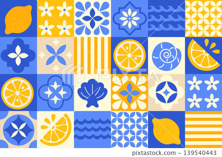 Vintage ceramic tile design from Italy.Mediterranean mosaic in blue,white,yellow colors.Geometric ethnic ornament, porcelain pottery.Traditional amalfi coast pattern.Vector for web, banner,flyer,print Vintage ceramic tile design from Italy.Mediterranean mosaic in blue,white,yellow colors.Geometric ethnic ornament, porcelain pottery.Traditional amalfi coast pattern.Vector for web, banner,flyer,print 139540443