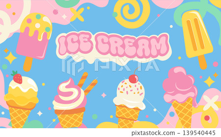 Ice cream horizontal banner in childish tasty style. Sundaes with different flavors on funny doodle background. Ad for caffe, shops. Vector for web,flyers,templates.Sweet cold desserts for posters. 139540445