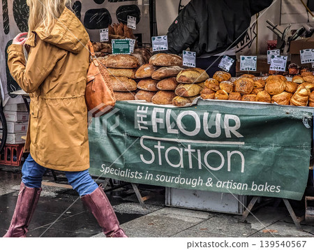 Artisan Bread Stand at Outdoor Market Street Scene in London England Artisan Bread Stand at Outdoor Market Street Scene in London England 139540567