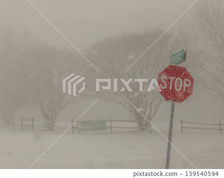 Stop Sign Visible in Heavy Snowstorm with Low Visibility and Blizzard Conditions on Rural Road Stop Sign Visible in Heavy Snowstorm with Low Visibility and Blizzard Conditions on Rural Road 139540594