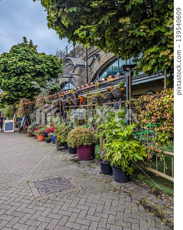 Charming Restaurant Alley with Outdoor Seating and Lush Greenery in London England Charming Restaurant Alley with Outdoor Seating and Lush Greenery in London England 139540609