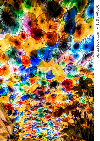 Bellagio Conservatory ceiling with colorful glass flower installation and decorative display 139540630