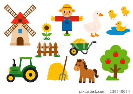 Farm themed elements set with scarecrow hay and domestic animals collection 139540654