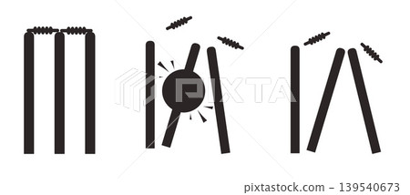 Cricket Wicket Hit Sequence Silhouette Set. Stumps and Bails Destruction Phases. Ball Hitting Target. Isolated Black Vector Illustration on white. Cricket Wicket Hit Sequence Silhouette Set. Stumps and Bails Destruction Phases. Ball Hitting Target. Isolated Black Vector Illustration on white. 139540673