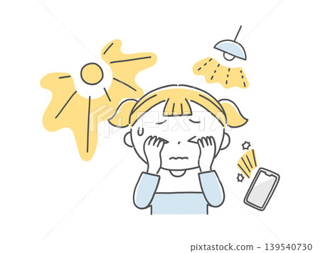 A monochrome illustration of a child with visual hypersensitivity who is troubled by various types of light. A monochrome illustration of a child with visual hypersensitivity who is troubled by various types of light. 139540730