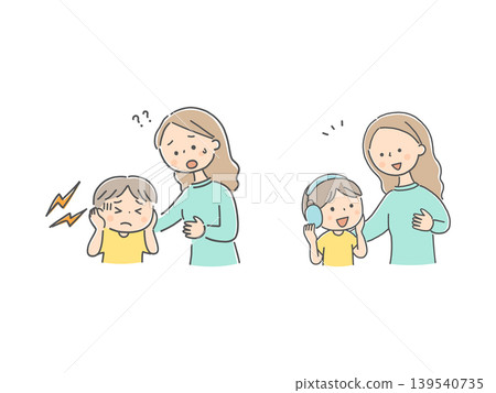 A boy is frightened by a loud noise, his mother is worried, and he feels safe after putting on earmuffs. A boy is frightened by a loud noise, his mother is worried, and he feels safe after putting on earmuffs. 139540735