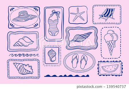 Blue and pink summer beach framed vector doodle elements, stickers and badges collection with Blue and pink summer beach framed vector doodle elements, stickers and badges collection with 139540737